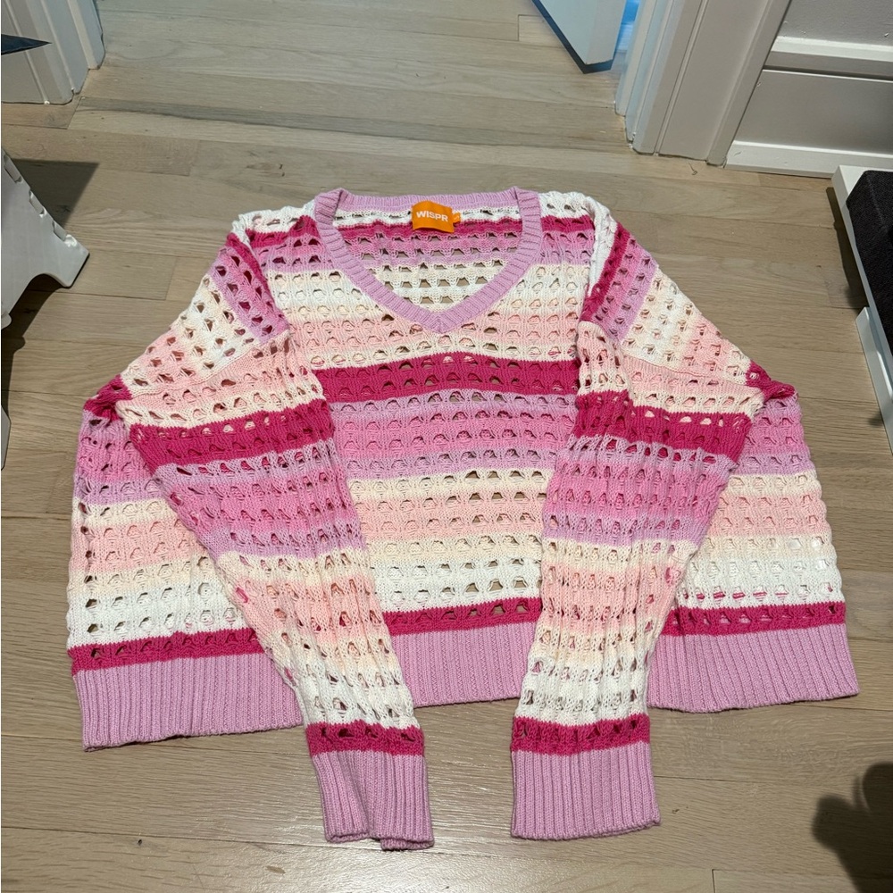 Brodie Cashmere Pink and Cream V-Neck Sweater